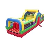 Retro Rainbow Inflatable Obstacle Course, with Rock Climbing Wall, Slide and Tunnel Entrance